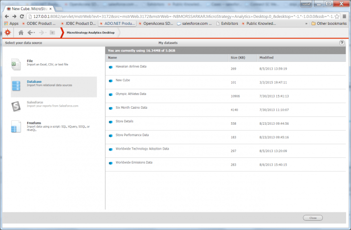 A screenshot of MicroStrategy Active Desktop's Import Database wizard