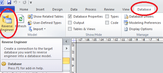 Select the 'Reverse Engineer' tool from the 'Database' tab.